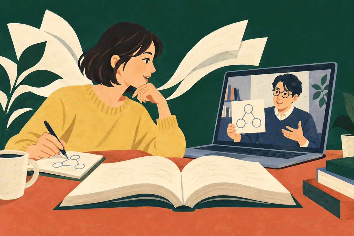 本を開き、講師が画面越しに説明する図を自分のノートでも確かめる人のイラスト