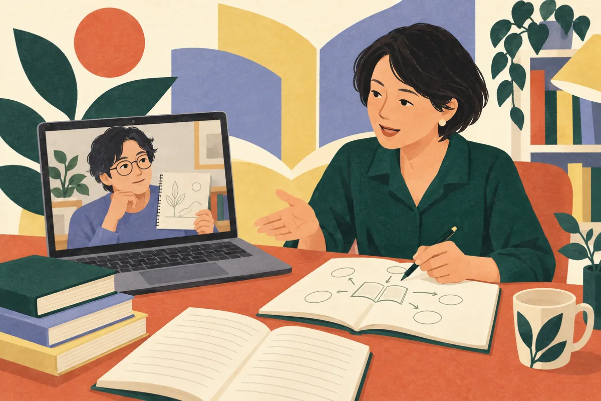 本の内容を図にして説明する講師と、自分の理解をノートで伝える学ぶ人のイラスト
