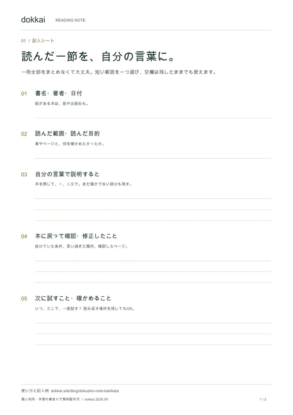 書名、読んだ範囲、自分の説明、確認したこと、次に試すことを書く読書ノート